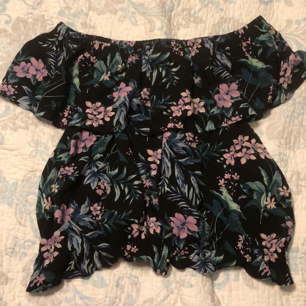 flowy floral print off the shoulder shirt